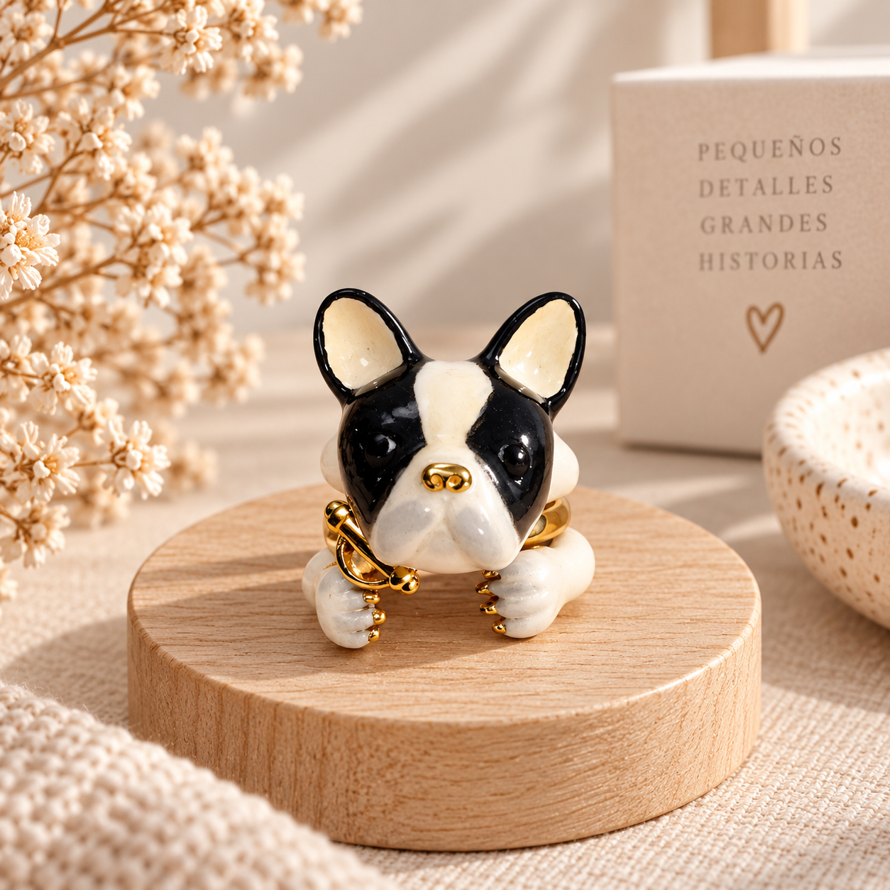 Anillo Bulldog Francés Blanco y Negro