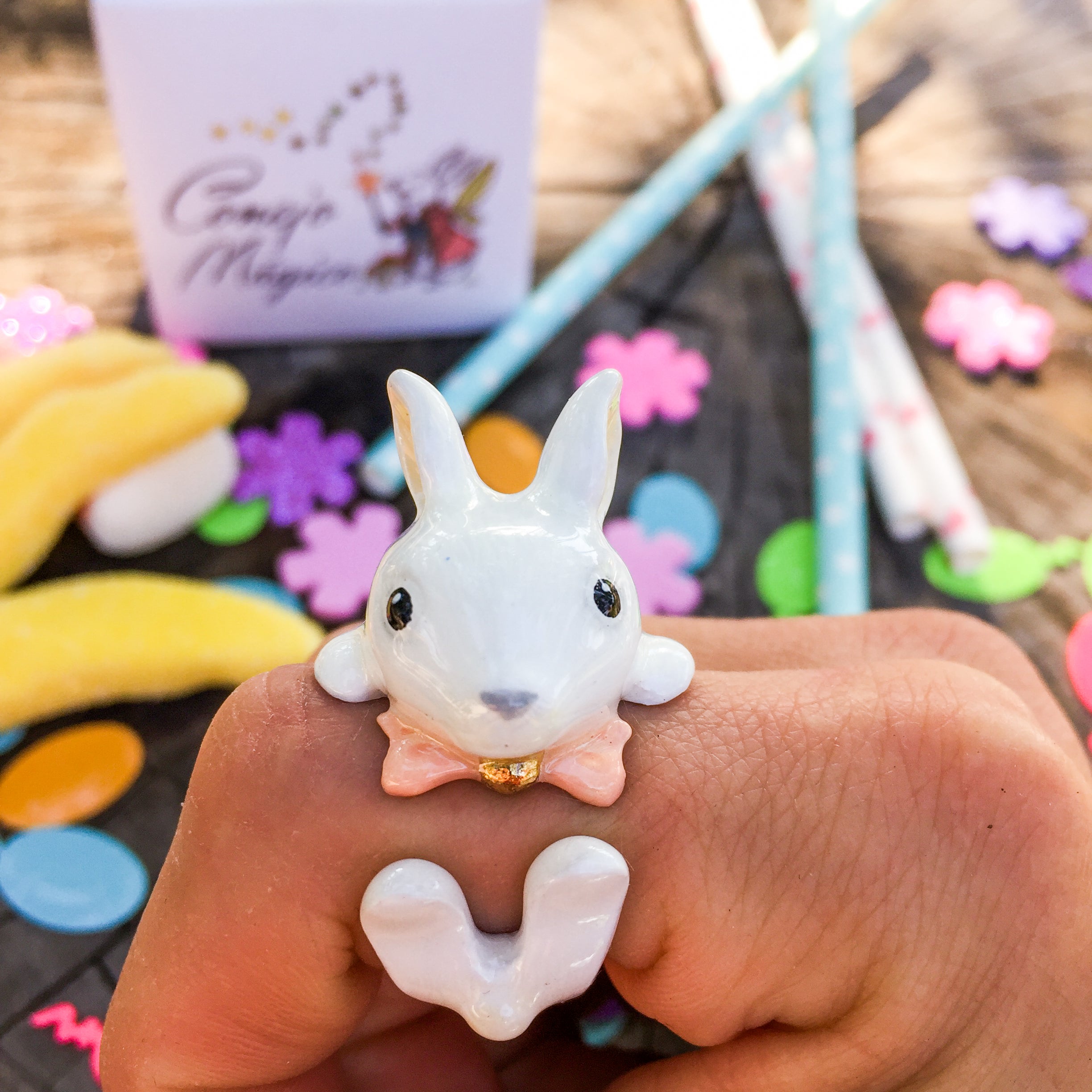 Anillo Conejo Corbatín Rosado o Celeste